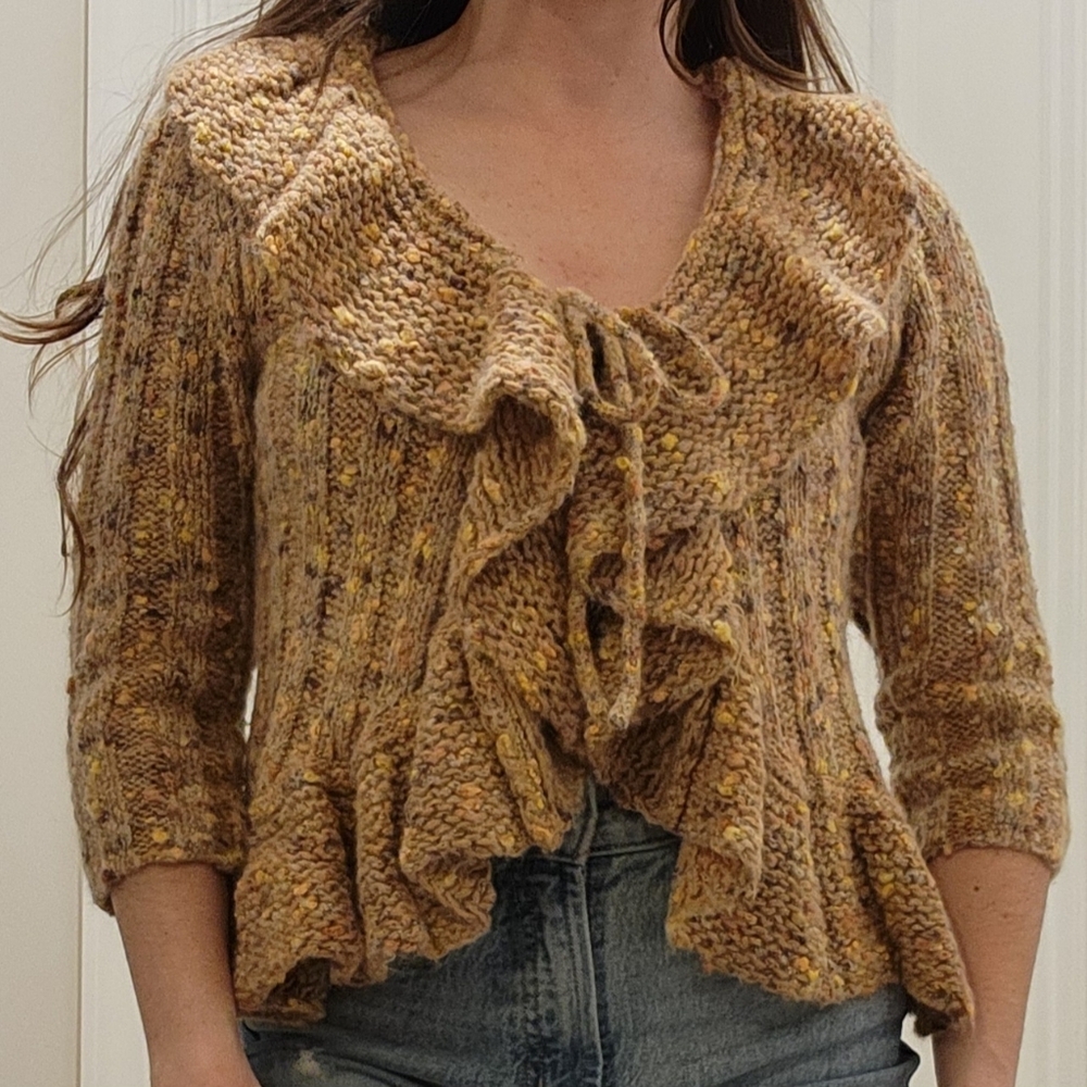 Wool Blend Tie Front Cardigan Sweater With Ruffles